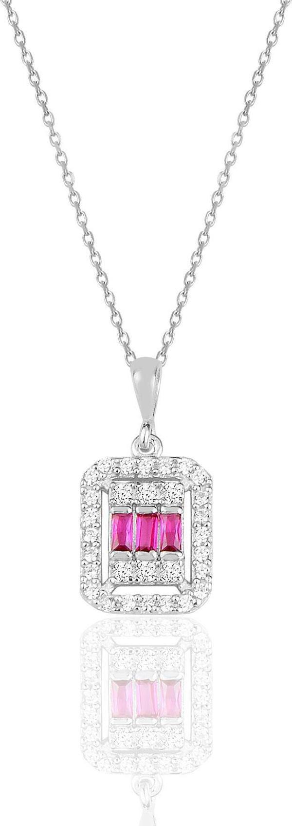 Gümüş beyaz altın rodyumlu baget kesim kök yakut taşlı çizgili kolye  - Image 1