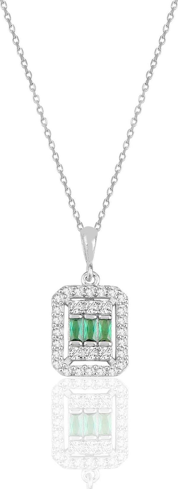 Gümüş beyaz altın rodyumlu baget kesim kök zümrüt taşlı çizgili kolye  - Image 1