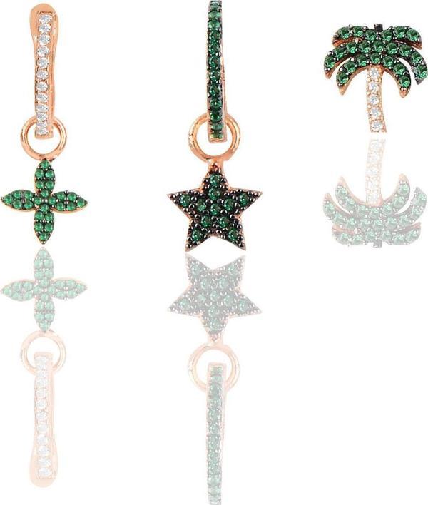 Gümüş rose yeşil taşlı yıldız yonca ve palmiye Kombin Üçlü Küpe Seti  - Image 1