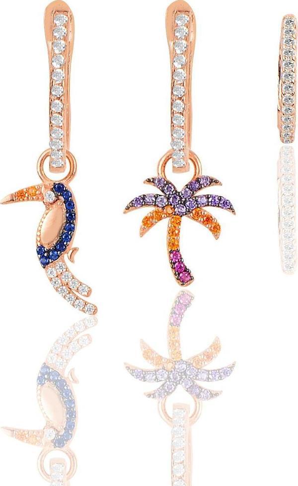Gümüş rose renkli taşlı palmiye,papağan kombin üçlü küpe seti  - Image 1