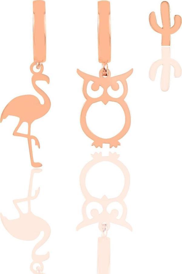 Gümüş rose flamingo baykuş ve kaktüs kombin üçlü  küpe seti  - Image 1
