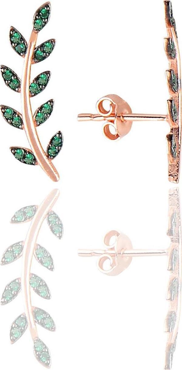 Gümüş rose yeşil taşlı yaprak küpe  - Image 1