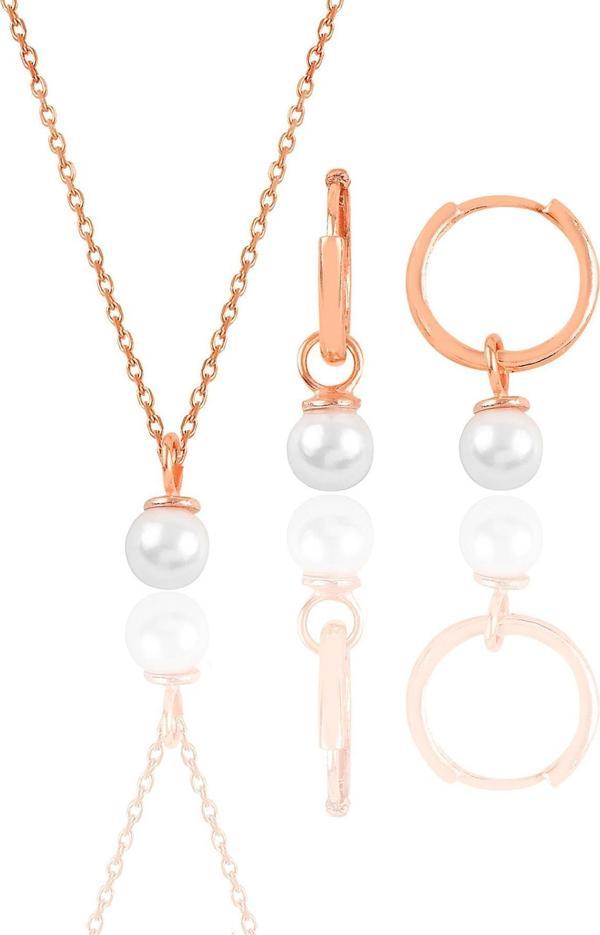 Gümüş rose incili kolye ve halka küpe  ikili set  - Image 1