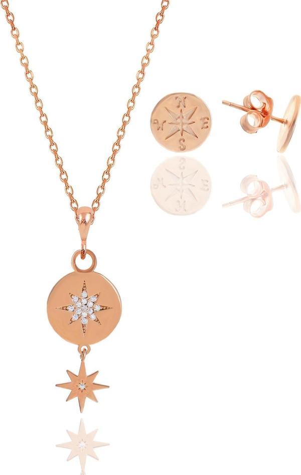 Gümüş rose zirkon taşlı kuzey yıldızı kolye ve küpe ikili set  - Image 1