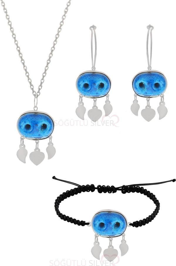 Gümüş süryani nazar boncuğu kolye küpe ve bileklik üçlü set  - Image 1
