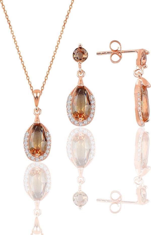 Gümüş rose zultanit taşlı damla modeli kolye ve küpe ikili set  - Image 1