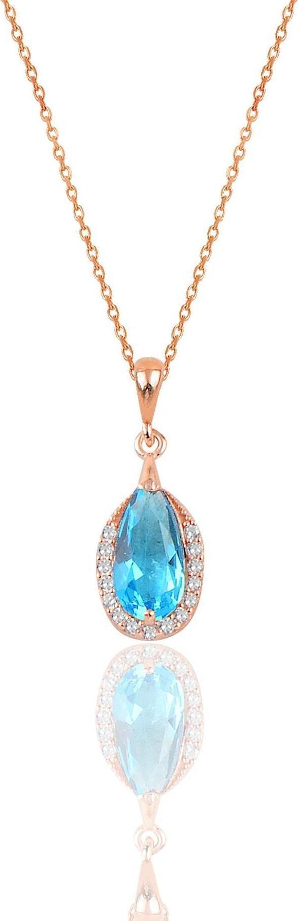 Gümüş rose akuamarin ve zirkon taşlı damla modeli kolye  - Image 1