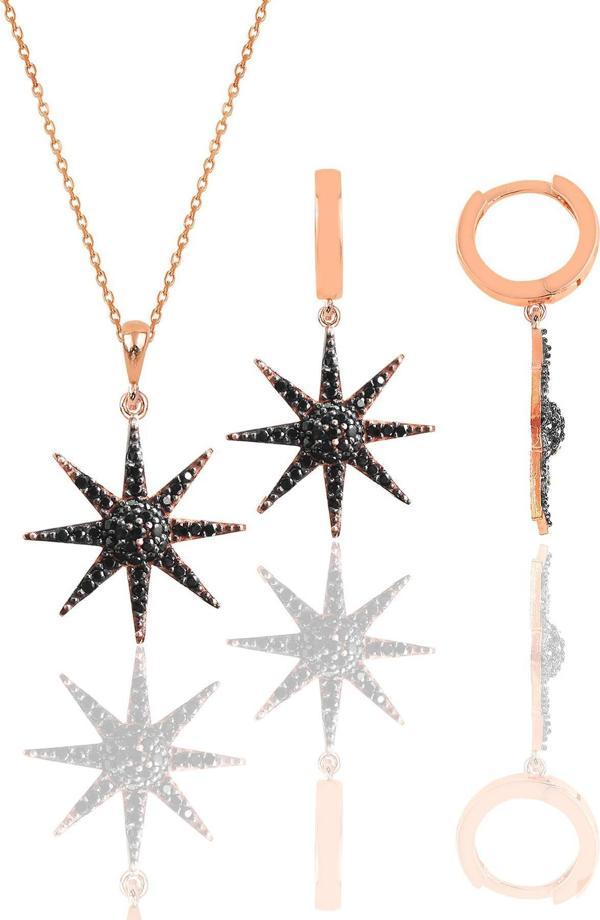 Gümüş rose onix taşlı güneş kolye ve küpe ikili set  - Image 1