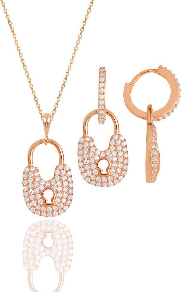Gümüş rose zirkon taşlı kilit kolye ve küpe ikili set  - Image 1
