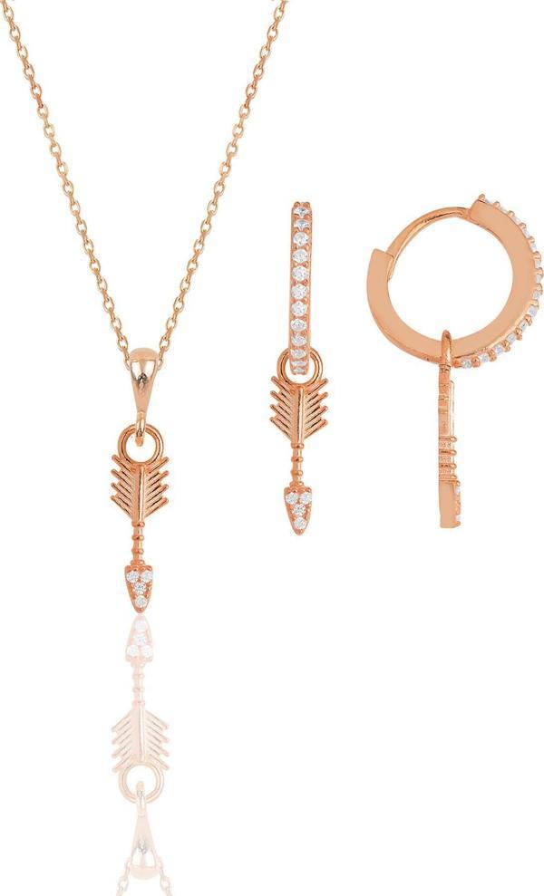 Gümüş rose zirkon taşlı ok kolye ve küpe ikili set  - Image 1