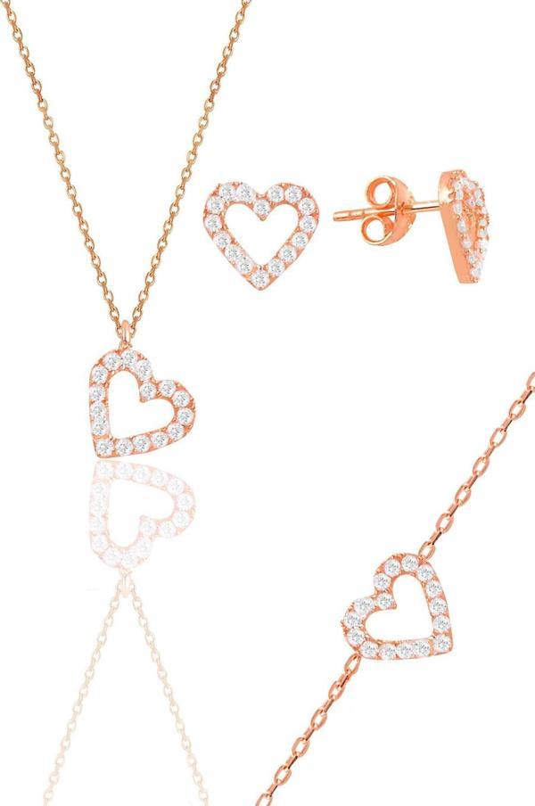 Gümüş rose zirkon taşlı kalp kolye,bileklik ve küpe üçlü set  - Image 1