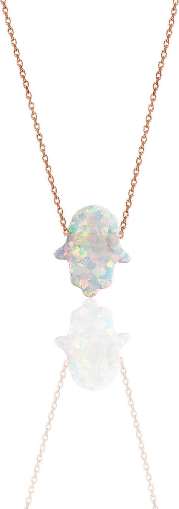 Gümüş rose fatma ana eli beyaz opal taşlı kolye   - Image 1