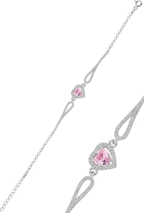 Gümüş rodyumlu pembe zirkon taşlı pırlanta modeli kalp bileklik  - Image 1