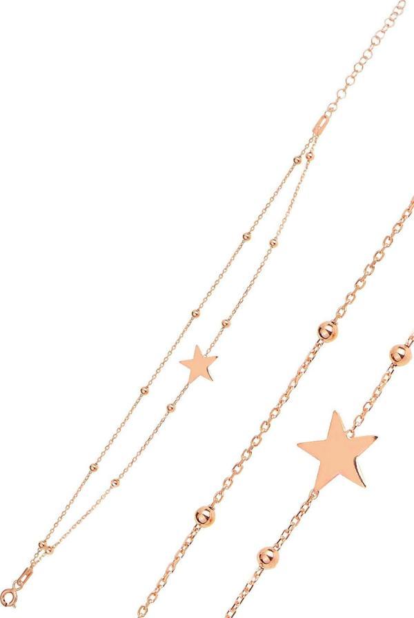 Gümüş rose top top çift zincirli yıldız bileklik  - Image 1