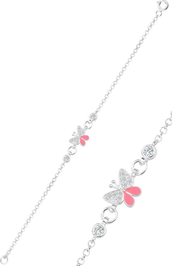 Gümüş zirkon taşlı pembe mineli kelebek modeli çocuk bileklik  - Image 1