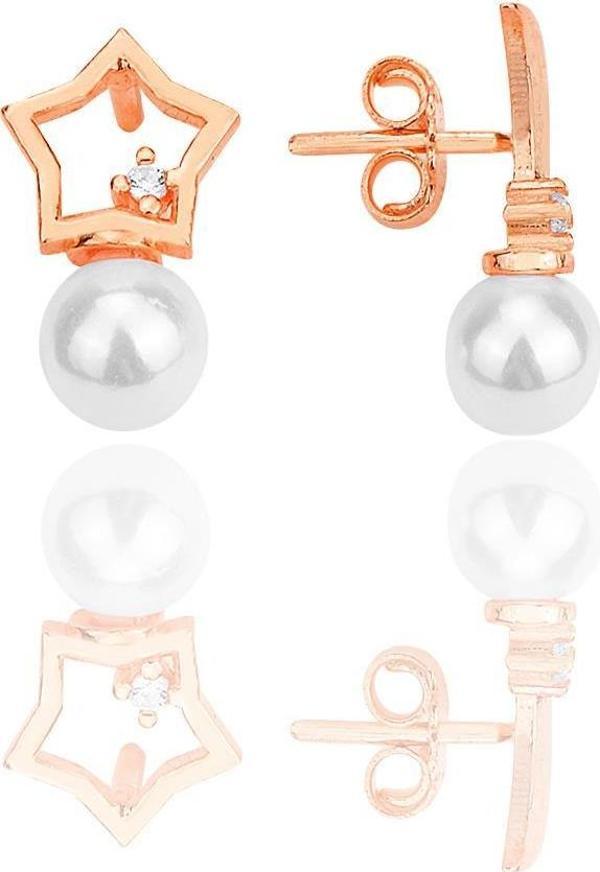 Gümüş rose zirkon taşlı incili ay yıldız kombin küpe  - Image 1