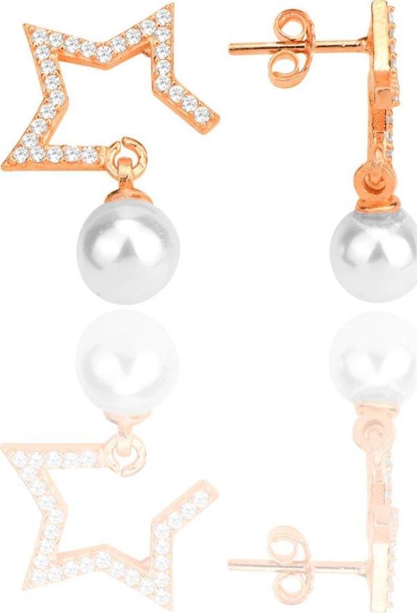 Gümüş rose zirkon taşlı,inci sallantılı yarım yıldız küpe  - Image 1