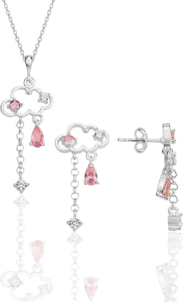 Gümüş rodyumlu pembe zirkon taşlı bulut kolye ve küpe ikili set  - Image 1