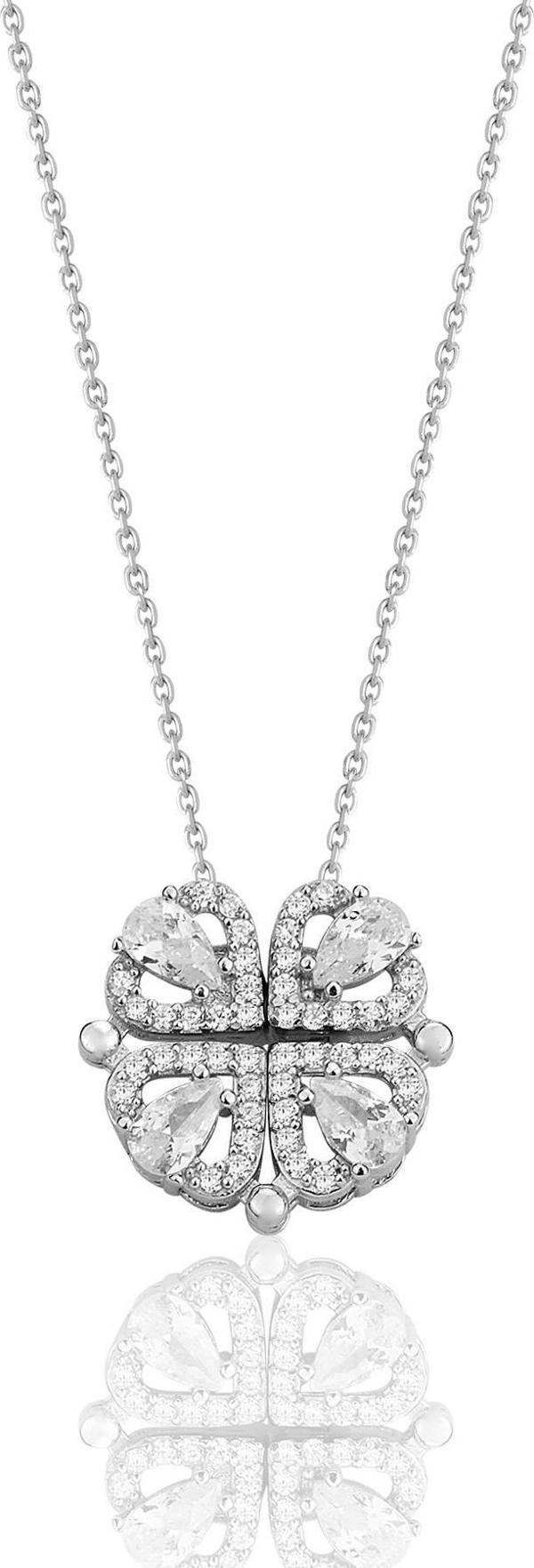 925 ayar gümüş rodyumlu drop kesim zirkon taşlı mıknatıslı açılır kapanır yonca kolye.  - Image 1