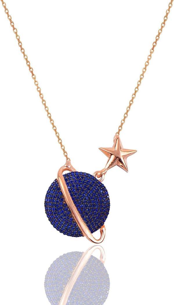 Gümüş rose safir taşlı satürn gezegen kolye  - Image 1