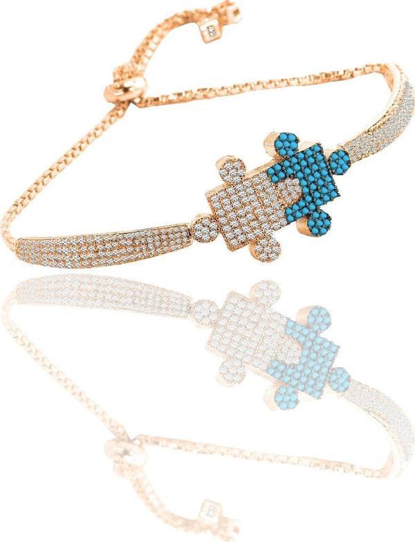 Gümüş zirkon ve turkuaz taşlı yap boz ayarlanabilir asansörlü bileklik  - Image 1