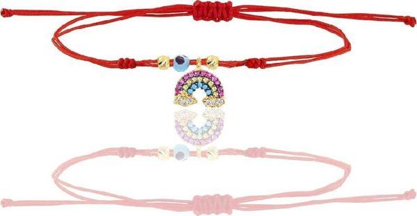 Gümüş altın yaldızlı zirkon taşlı nazarlı gök kuşağı ipli şans bileklik  - Image 1