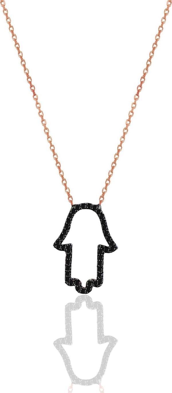 Gümüş rose onix taşlı fatma ana eli kolye  - Image 1