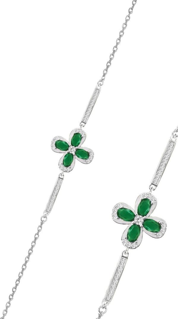 Gümüş rodyumlu yeşil zirkon taşlı şansın gücü yonca bileklik  - Image 1