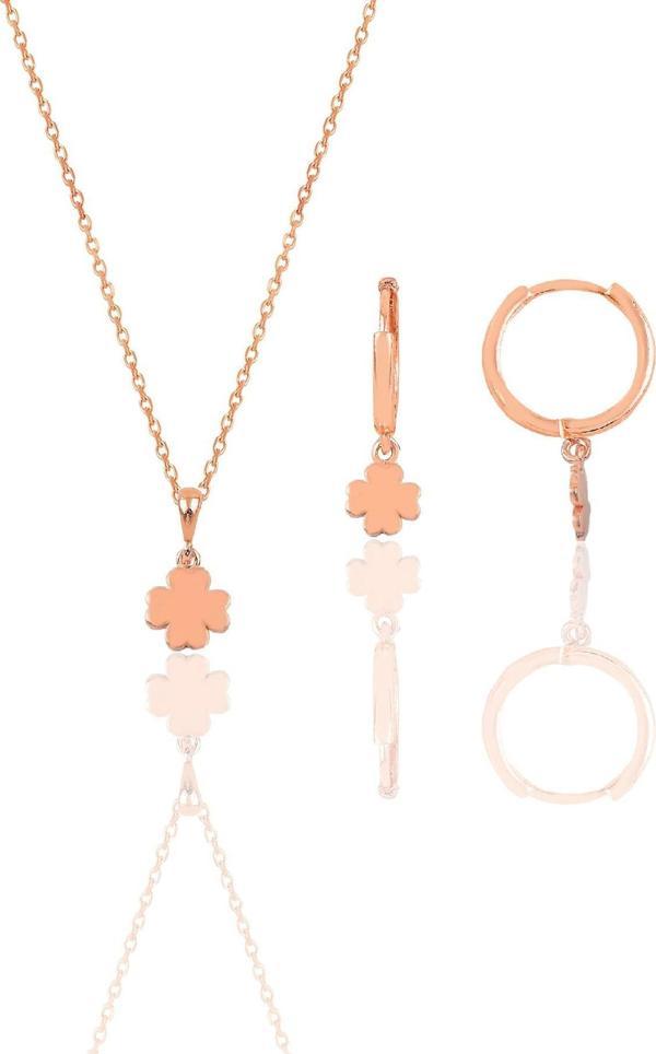 Gümüş rose üç boyutlu minimal yonca modeli kolye ve küpe seti  - Image 1