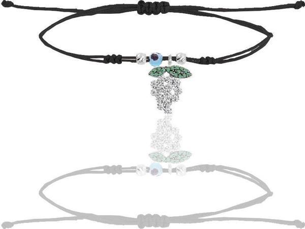 Gümüş rodyumlu zirkon taşlı nazarlı üzüm siyah ipli şans bileklik  - Image 1