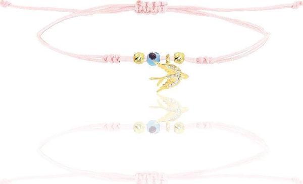 Gümüş altın yaldızlı zirkon taşlı nazarlı kırlangıç  pembe ipli şans bileklik  - Image 1