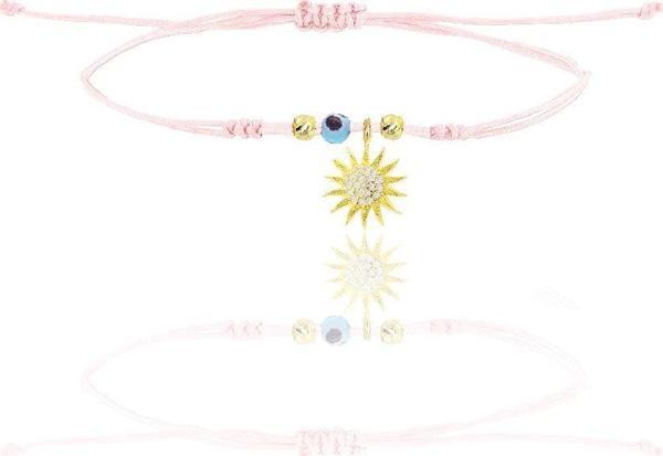 Gümüş altın yaldızlı zirkon taşlı nazarlı güneş  pembe ipli şans bileklik  - Image 1