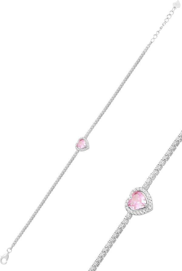 Gümüş beyaz altın rodyumlu pembe zirkon taşlı pırlanta montürlü love kalp su yolu bileklik  - Image 1