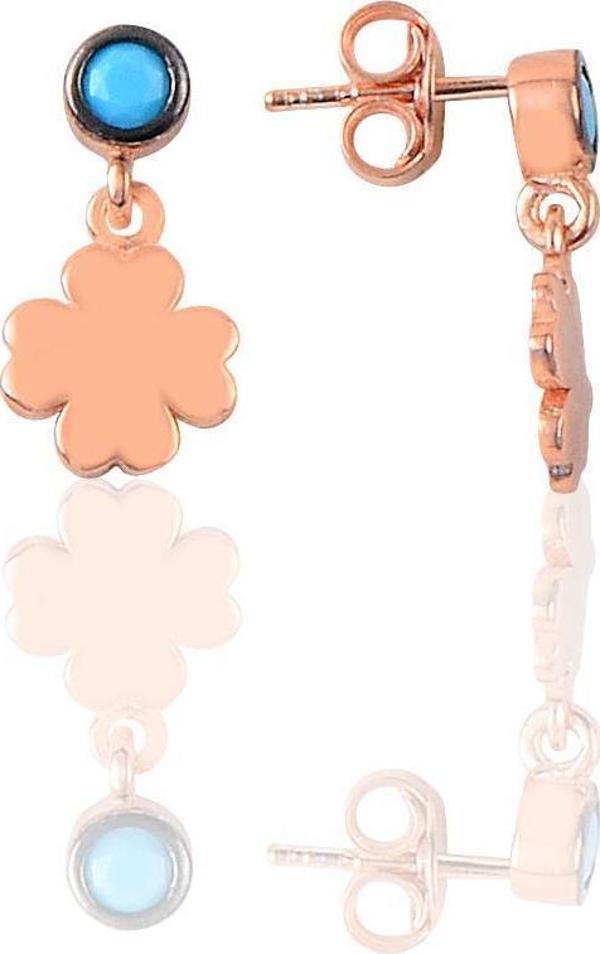 Gümüş rose turkuaz taşlı şanslı yonca küpe  - Image 1