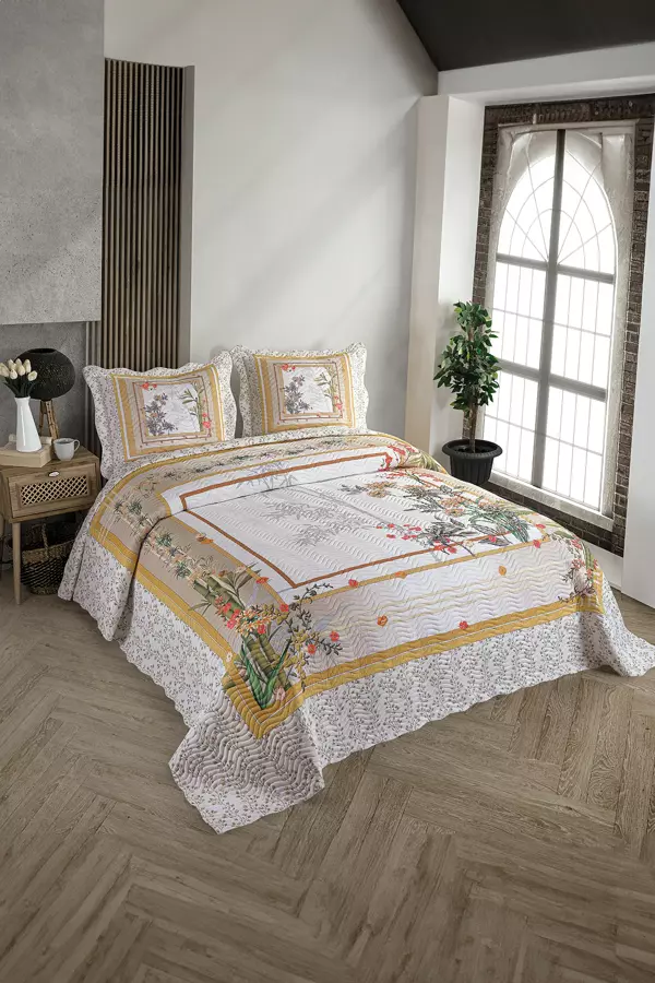 Örtüm Bamboo Çift Kişilik Kapitone Yatak Örtüsü Takımı - Sarı - Image 1