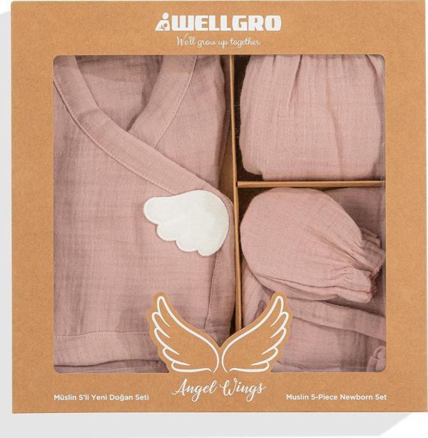 Wellgro Angel Wings Müslin 5'li Yeni Doğan Seti-Pembe - Image 1