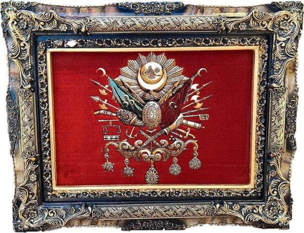 Osmanlı Devlet Arması Halı Kilim Tablo 95x75cm Kırmızı - İran Tebriz Halı Tablo - Image 1