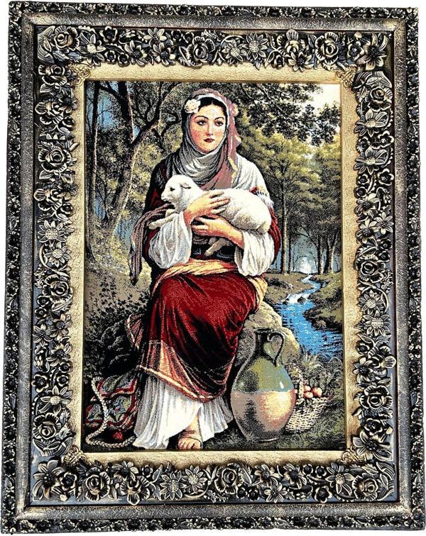 Anasının Kuzusu Adlı İran Tebriz Halı Tablo 94x76cm Mavi - Duvar Halı Kilim Tablo - Image 1