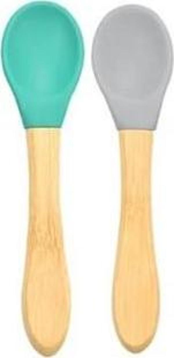 OiOi Silikon Mama Kaşığı 2'li Bambu Saplı Aqua Green/Powder Grey - Image 1