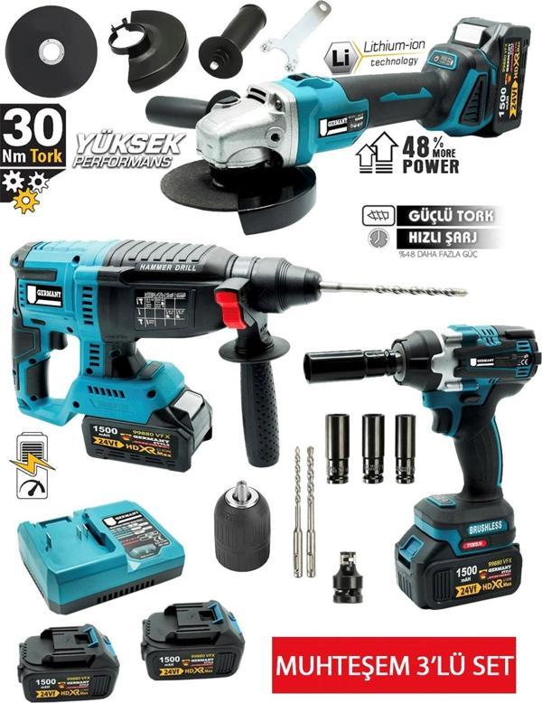 Germany Style 3'Lü Set 99880VPX Kömürsüz Şarjlı Taşlama- Şarjlı Hilti-13mm -Şarjlı Somun Sıkma-Matka - Image 1
