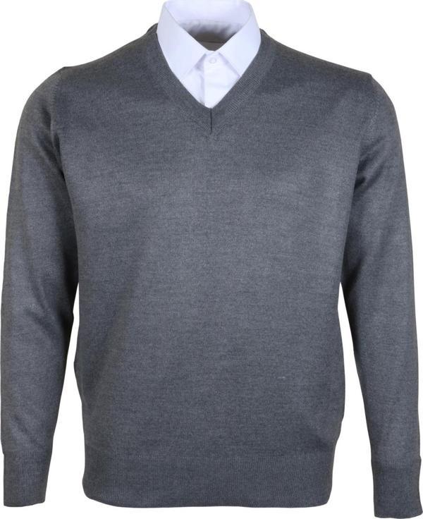 Erkek Yünlü Kazak V Yaka Normal Klasik Kesim Gri RAR00374 - Image 1