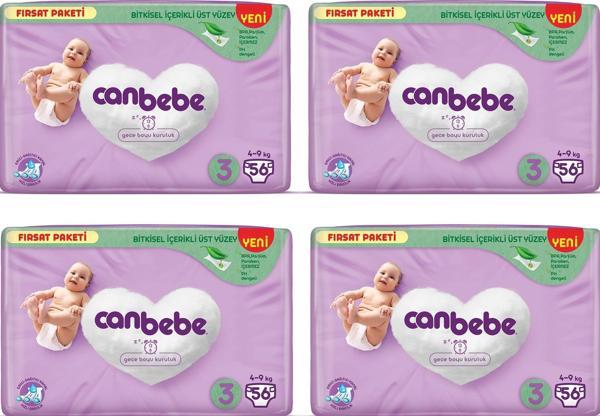 Canbebe Bebek Bezi Fırsat Paketi 3 Beden Midi (4-9 kg) 56 lı x 4 Adet - Image 1