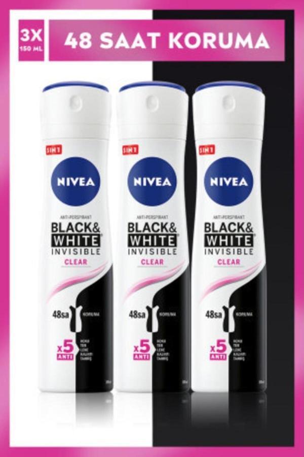 Nivea Black&White Invisible Clear Sprey Deodorant 150 ml x 3 Adet - Image 1