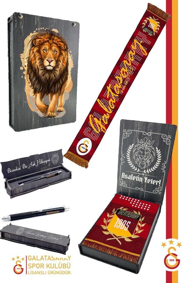 Galatasaray Orijinal Lisanslı Akrilik Atkı ve Premium Uçlu Kalem Set Aslan Baskılı Ahşap Kutulu - Image 1