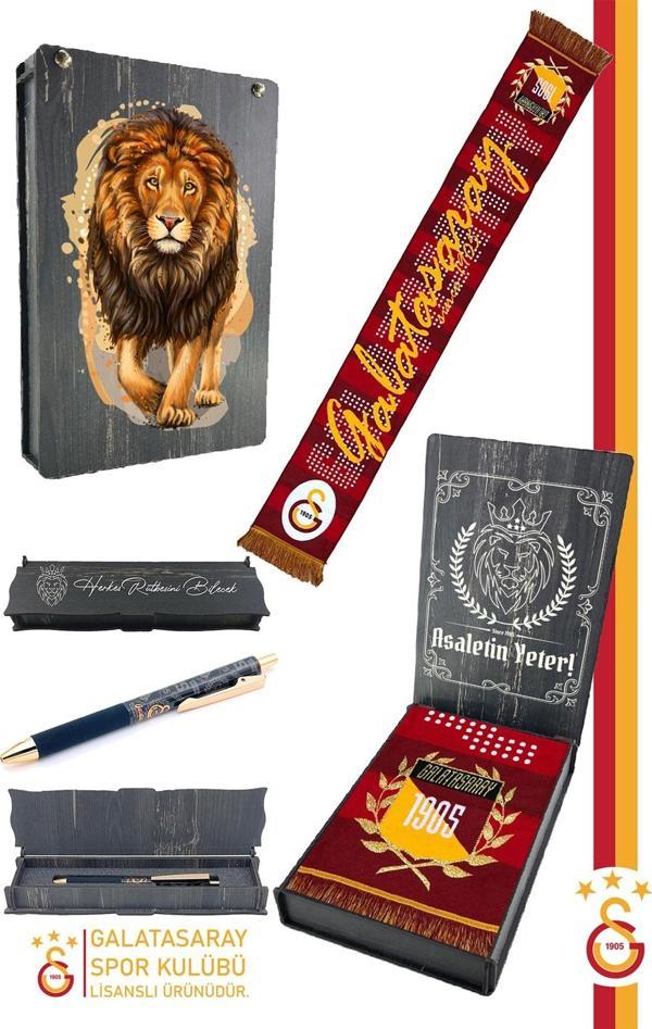 Galatasaray Orijinal Lisanslı Akrilik Galatasaray Atkı ve Hybrt Tükenmez Kalem Set Ahşap Kutulu - Image 1