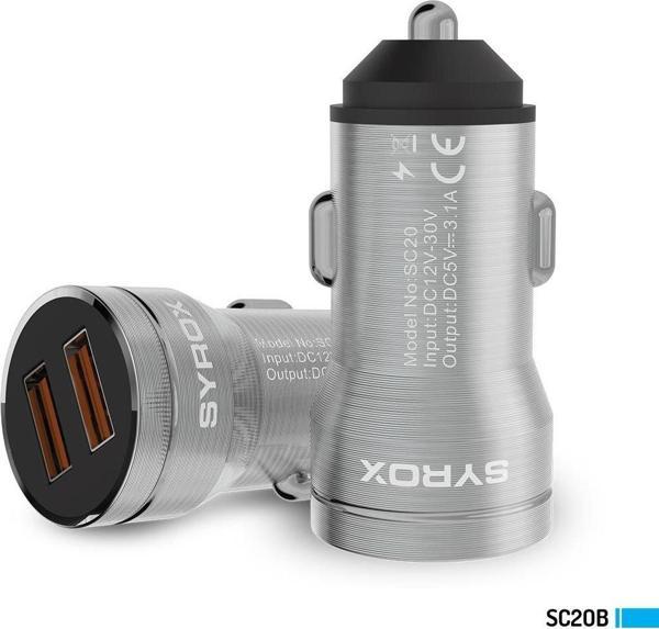 Syrox SC20B 3.1A 20W 2xUSB-A Çıkışlı Hızlı Araç Şarj Cihazı - Gri - Image 1