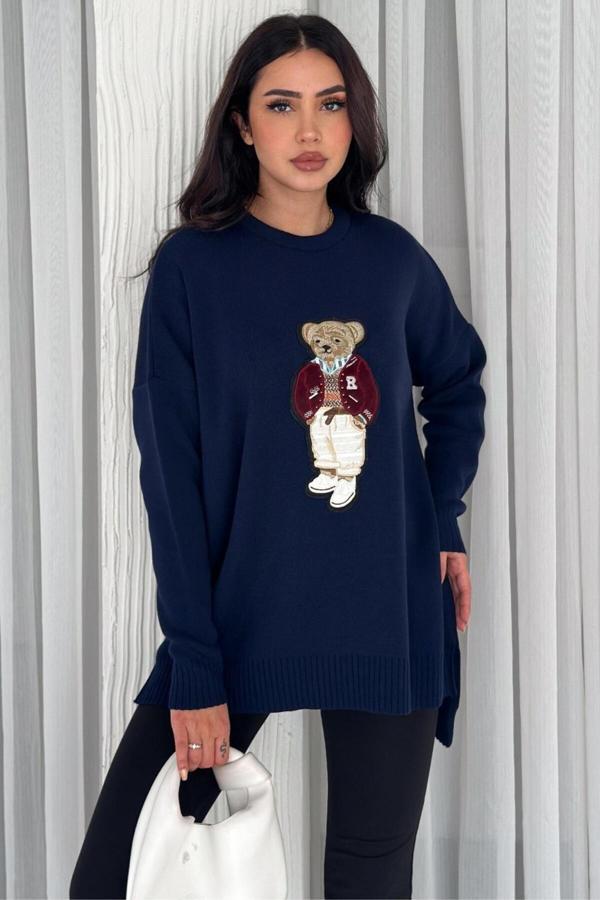 ZISHAN Ayıcıklı Triko Kazak - Aplike Ayıcık Ve Yandan Yırtmaç Detaylı Arkadan Uzun Tasarım Bisiklet Yaka V5 - Image 1