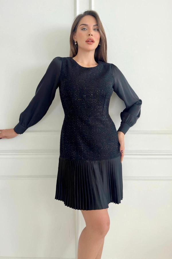 ZISHAN Etek Ucu Piliseli Şanel Kumaş Uzun Kollu Midi Boy Modern Tasarım Kadın Elbise 021 - Image 1