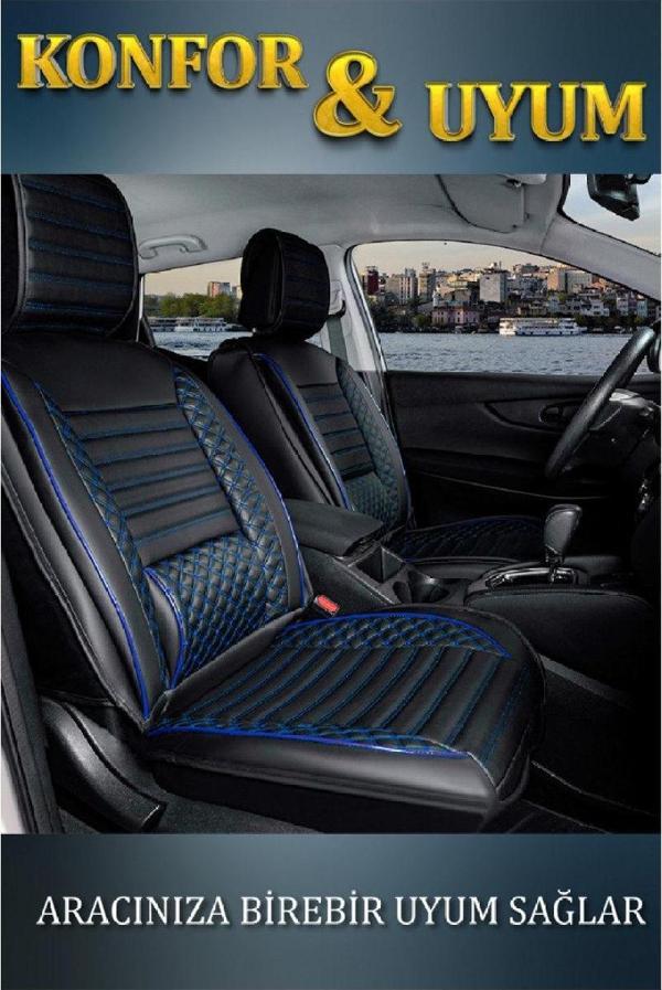 
Alfa Romeo Spider Lüx Deri Oto Koltuk Kılıfı Ön Arka Takım Set Safir Serisi SİYAH MAVİ - Image 1