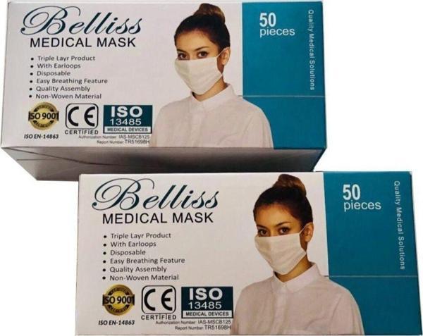 Bellissima 2 Kutu 100 Adet Lastikli Burun Telli Ce Belgeli Ultrasonik Gövde 3 Katlı Cerrahi Maske - Image 1